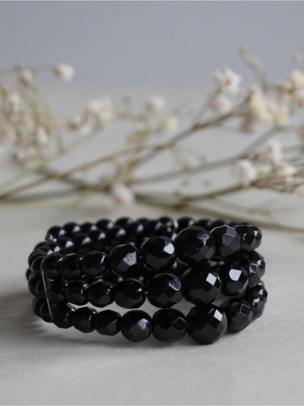 1960's Natural Jet & French Jet Glass Triple Strand Beaded Bracelet